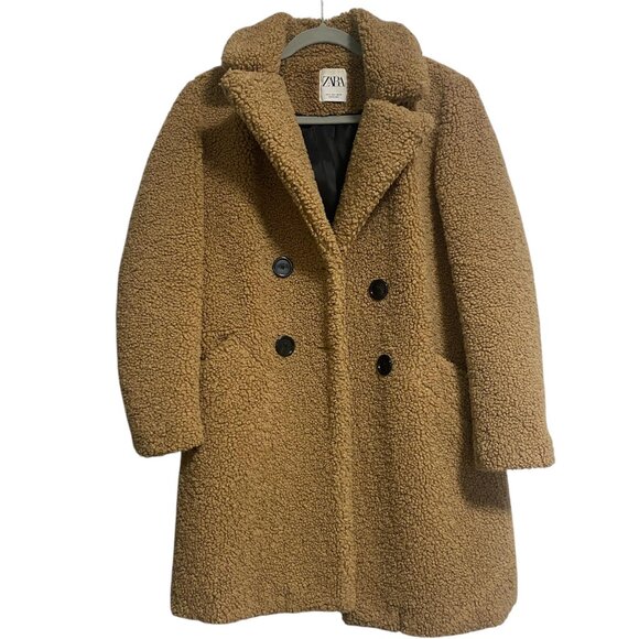 ZARA Neutral Tan Teddy Double Breast Coat Size S - Picture 1 of 7